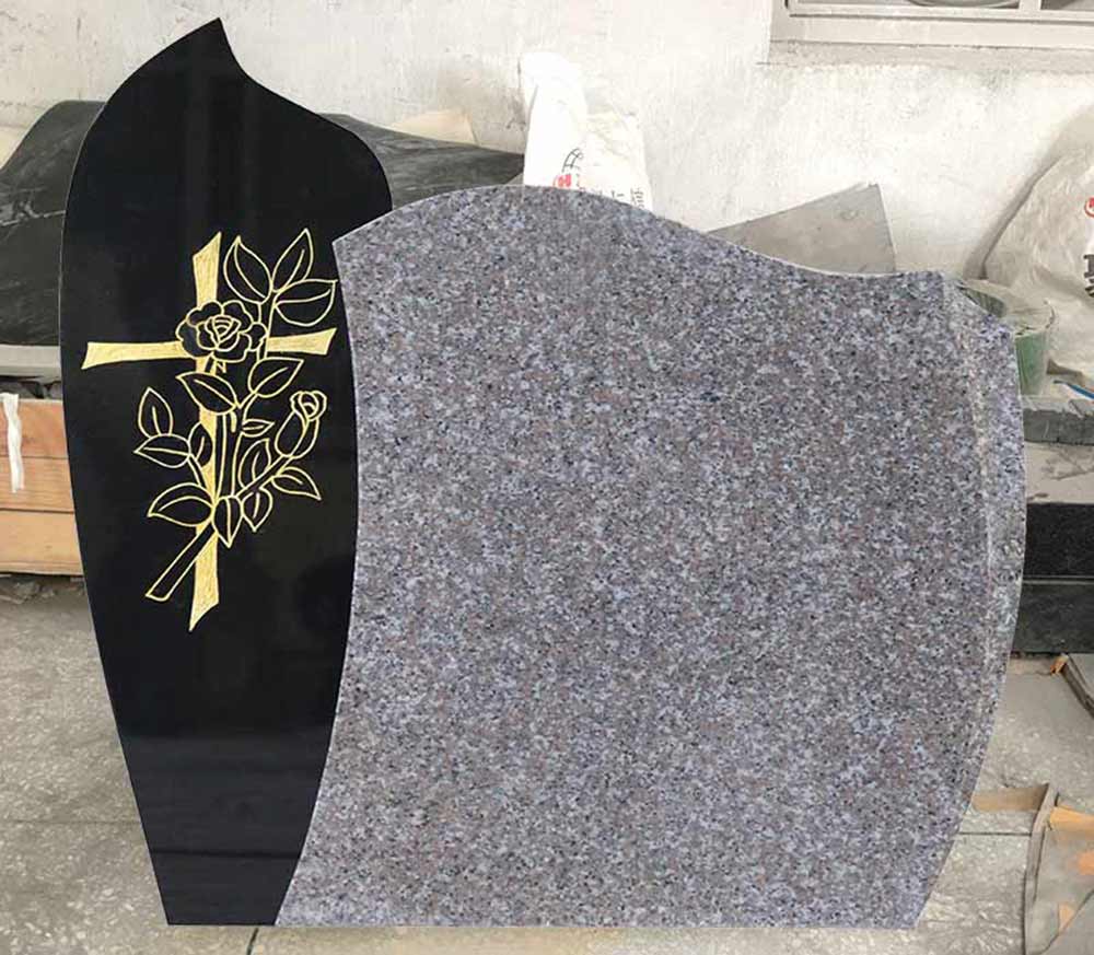 Golden Cross Headstone with Inlay Black And Pink Granite 