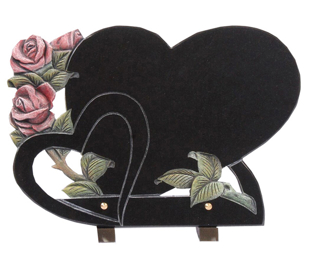 Indian Black Granite Heart Shape Funeral Plaque with Red Rose Carving