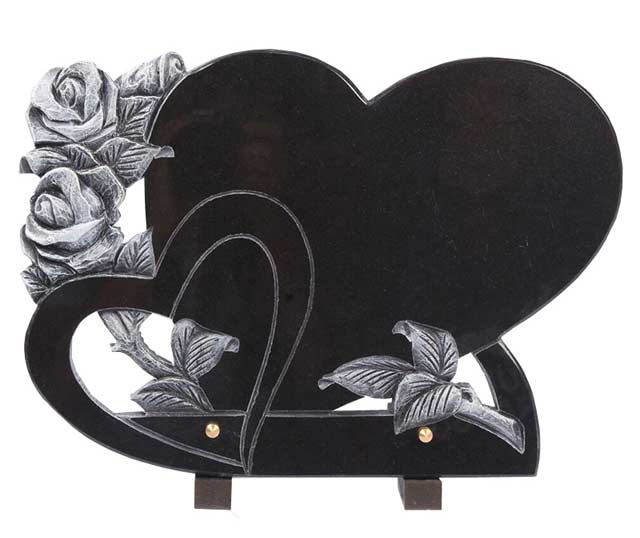 Polished Black Granite Heart Shape Funeral Plaque with Antique Rose Carving