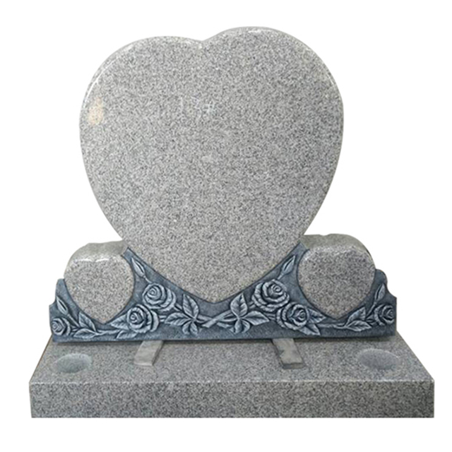 European Style Gray Granite Heart Shape Gravestone with Antique Flower Carvings